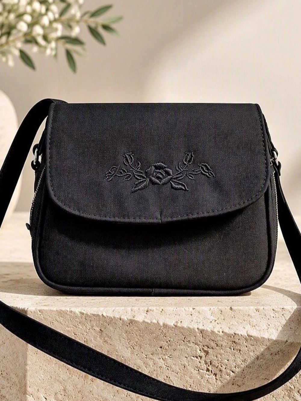 5/$25 90's Black Crossbody Bag With Embroidered Flowers